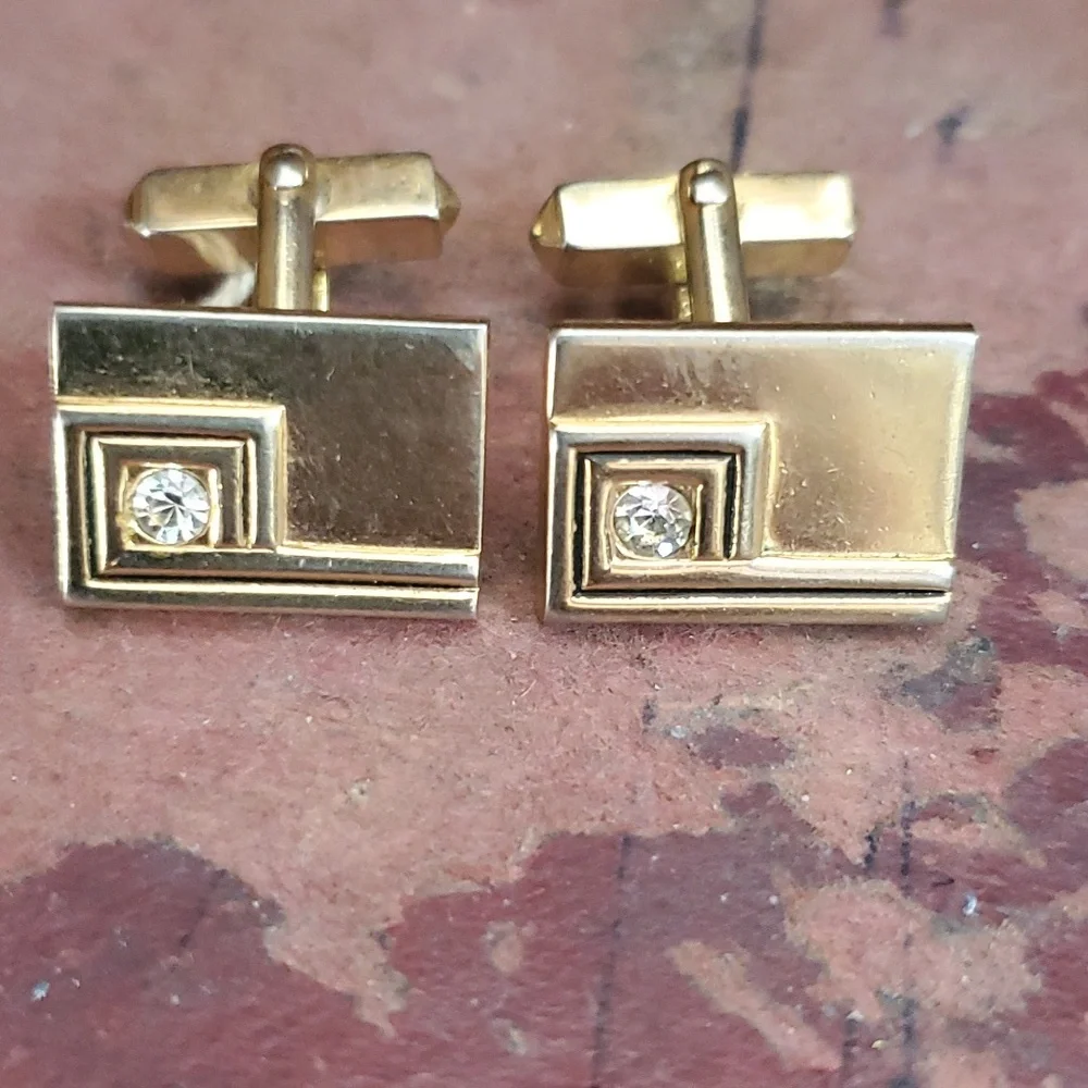 Swank Vintage Cufflinks gold Tone Rectangle w/ clear stone
